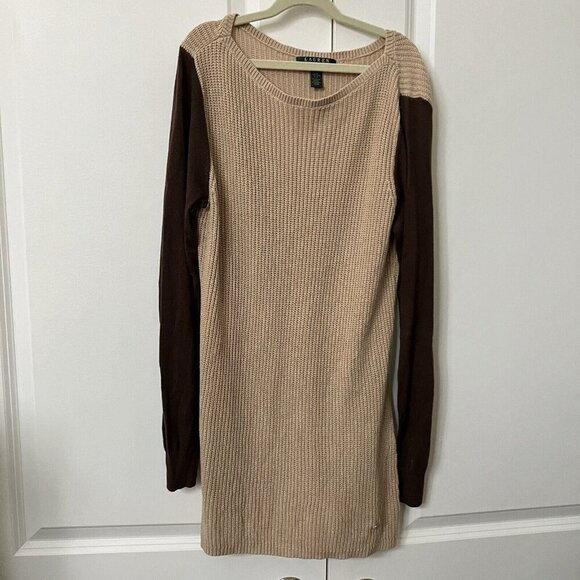 Lauren Ralph Lauren Sweater Womens L Tan Brown Long Line Neutral Knit Cotton - Picture 1 of 7